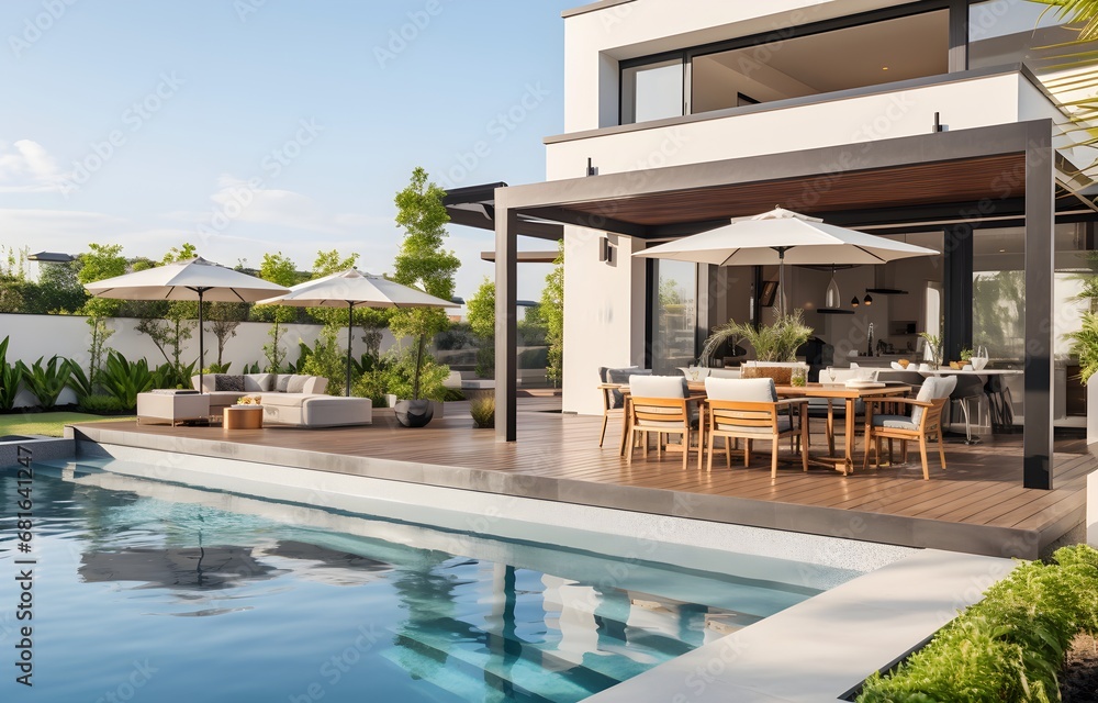 Fototapeta premium Sunbeds and dining zone near pool in backyard of modern house