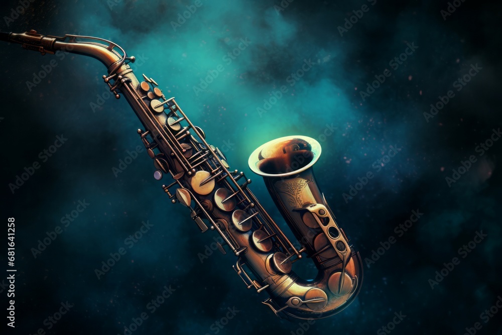 Naklejka premium Saxophone galaxy space. A jazz trumpet floats in a cosmic nebula. Generate AI