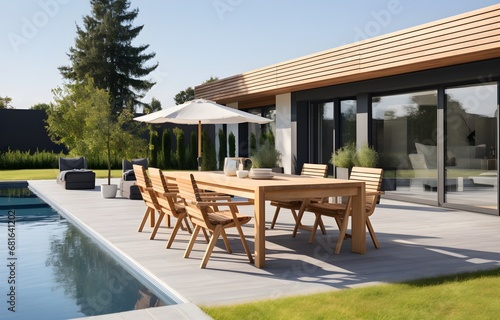 Sunbeds and dining zone near pool in backyard of modern house