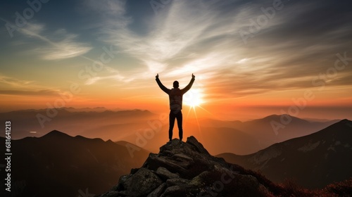Silhouette of business male stand and feel happy on the most hight at the mountain on sunset, success, leader, teamwork, target, Aim, confident, achievement, goal, on plan, finish