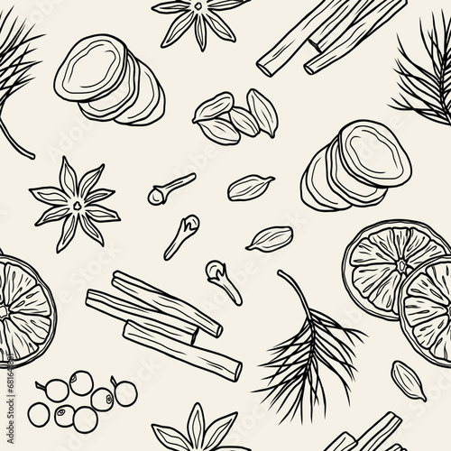 Line art mulled wine spices seamless pattern
