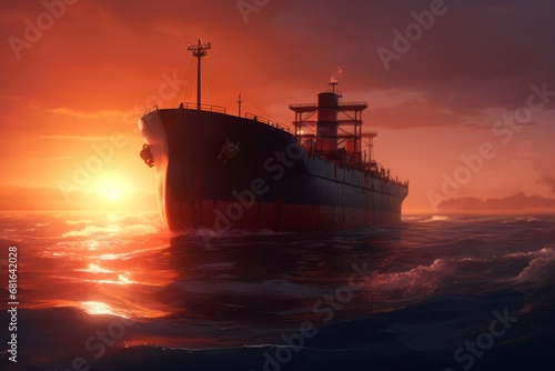 Ship sails ocean sunset nature. Tourism cruise dark light sunrise. Generate Ai
