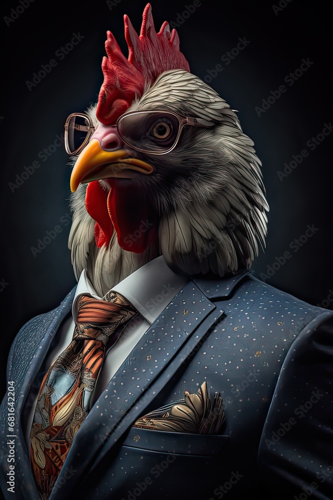 Chicken dressed in an elegant modern suit with a nice tie. Fashion portrait of an anthropomorphic animal, bird, hen posing with a charismatic human attitude