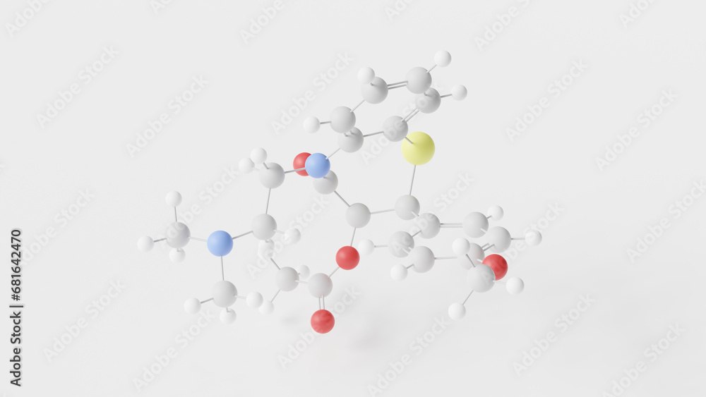 diltiazem molecule 3d, molecular structure, ball and stick model, structural chemical formula nondihydropyridine calcium channel blocker diltiazem molecule 3d, molecular structure, ball and stick model, structural chemical formula nondihydropyridine calcium channel blocker