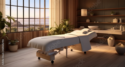 Massage table in spa salon with accessories. © visoot