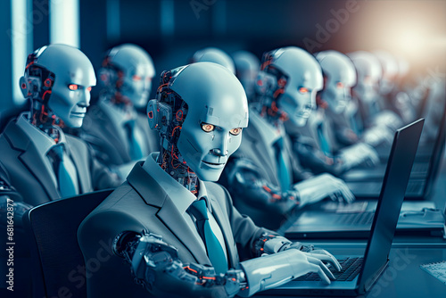 humanoid robots working in an office with computers