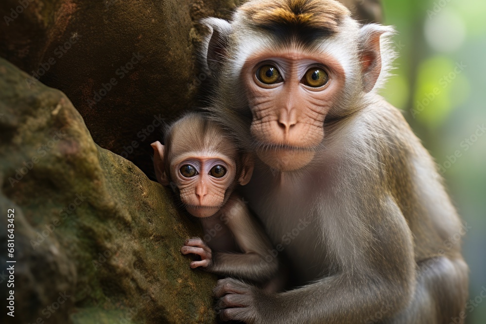 Fototapeta Mother and baby monkey sitting together on a rock in the forest, A macaque mother and her child in the rainforest in Singapore, AI Generated