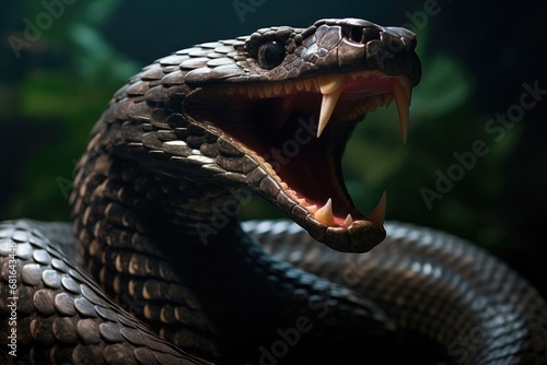 Close-up of a black jaguar snake with open mouth, a large snake with its mouth open and its tongue out, AI Generated