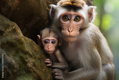Fototapeta Mother and baby monkey sitting together on a rock in the forest, A macaque mother and her child in the rainforest in Singapore, AI Generated