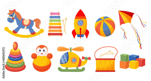 Set of children's toys. Rocket, doll, pyramid, rocking horse, helicopter and drums on a white background. Baby toys icons, vector