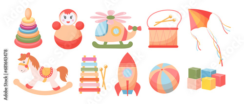 Set of children's toys. Rocket, doll, pyramid, rocking horse, helicopter and drums on a white background. Baby toys icons, vector