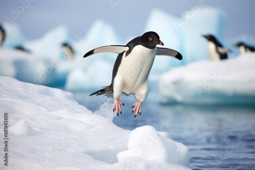 Gentoo penguin Pygoscelis papua on ice floe, Adelie penguin jumping between two ice floes, AI Generated