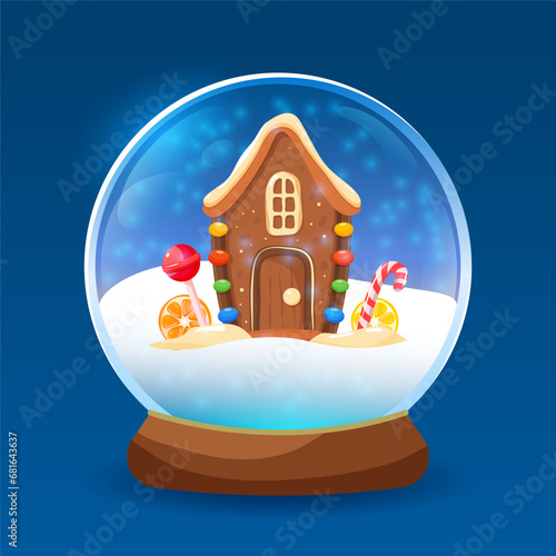 Christmas glass snow globe with gingerbread house inside. Colorful vector illustration of winter holidays season.