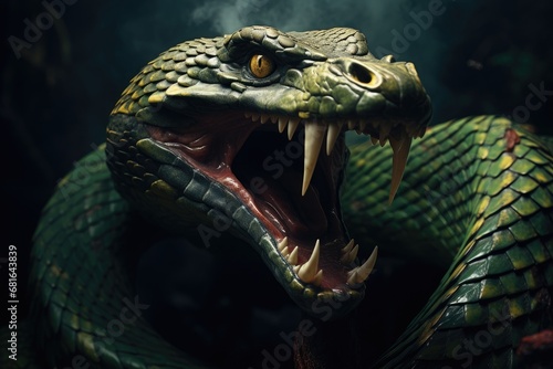 Close up of a green snake with open mouth and sharp teeth, Attacking snake, Atheris nitschei, AI Generated © Ifti Digital