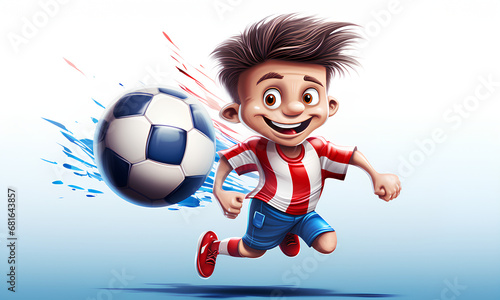 Child plays football wearing a striped blue and striped red soccer jersey, soccer ball, football field, cartoon style