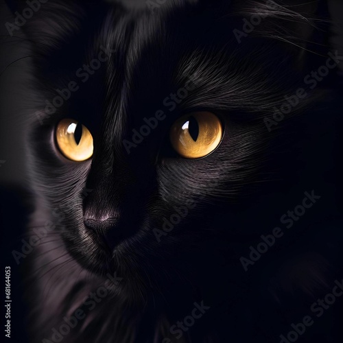 An inquisitive black cat stares into the camera with its bright yellow eyes © Wirestock