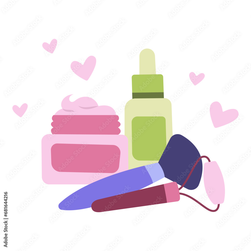 Simple flat illustration with a set of cosmetics for makeup and skin care Simple flat illustration with a set of cosmetics for makeup and skin care