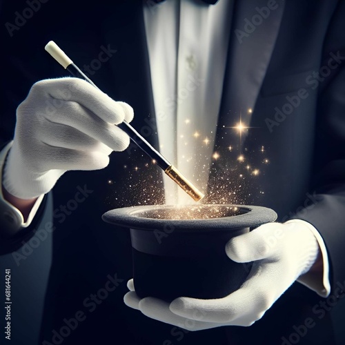 a magician's hands are seen with magic wand and black hat