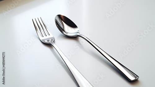 In the elegant white background of the restaurant, a beautifully designed silver metal fork adorns the white table in the kitchen, ready to be used for cooking, breakfast, dinner, and dessertan