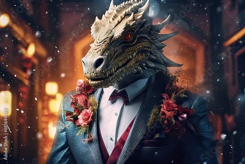 Dragon dressed in a classy modern suit, standing as a successful leader and a confident gentleman. Fashion portrait of an anthropomorphic animal, chimp, chimpanzee, posing with a charismatic photo