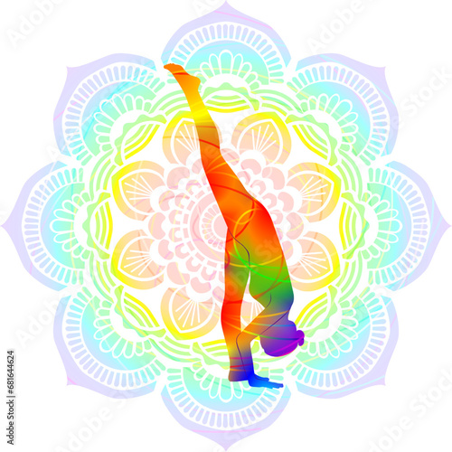 Colorful silhouette of yoga. Urdhva Prasarita Eka Padasana. Standing Splits pose. Isolated vector illustration on Mandala background.