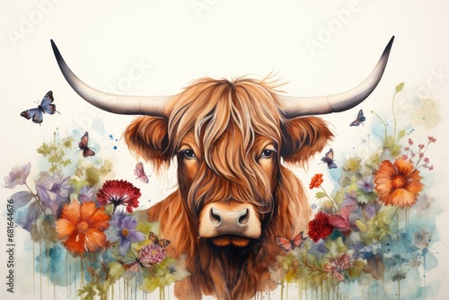 Watercolor portrait of a bull with flowers on a white background, Beautiful watercolor highland cow with flowers on her heand floral headboard, AI Generated photo