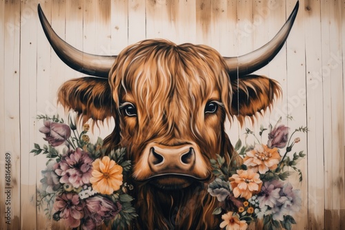 Bull head with flowers on the wooden background. Digital painting. Vintage style, Beautiful watercolor highland cow with flowers on her heand floral headboard, AI Generated photo