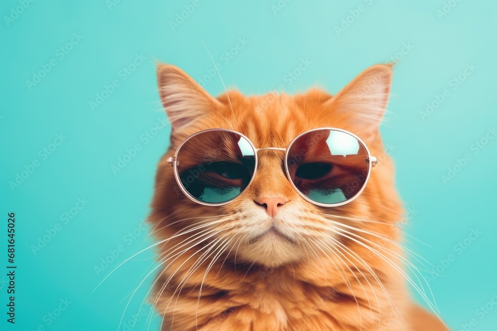 Portrait of a red cat wearing sunglasses on a blue background, Closeup portrait of funny ginger cat wearing sunglasses isolated on light cyan, AI Generated Portrait of a red cat wearing sunglasses on a blue background, Closeup portrait of funny ginger cat wearing sunglasses isolated on light cyan, AI Generated