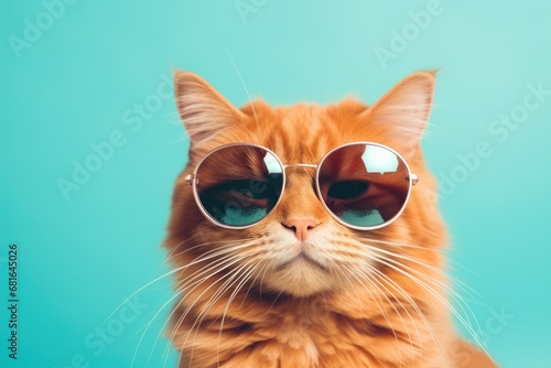 Portrait of a red cat wearing sunglasses on a blue background, Closeup portrait of funny ginger cat wearing sunglasses isolated on light cyan, AI Generated © Ifti Digital