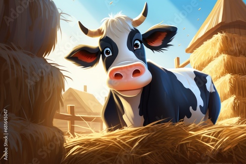 Cute cartoon cow in the hayloft. Vector illustration, Cow eating hay at cattle farm, AI Generated photo