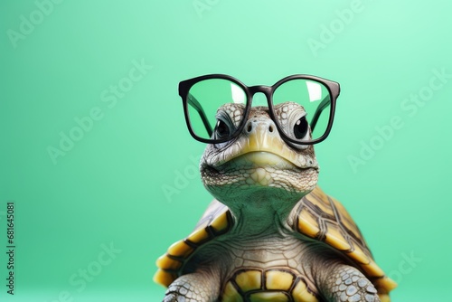 Close up of a tortoise wearing glasses on a green background, Cute little green turtle with glasses in front of studio background, AI Generated photo