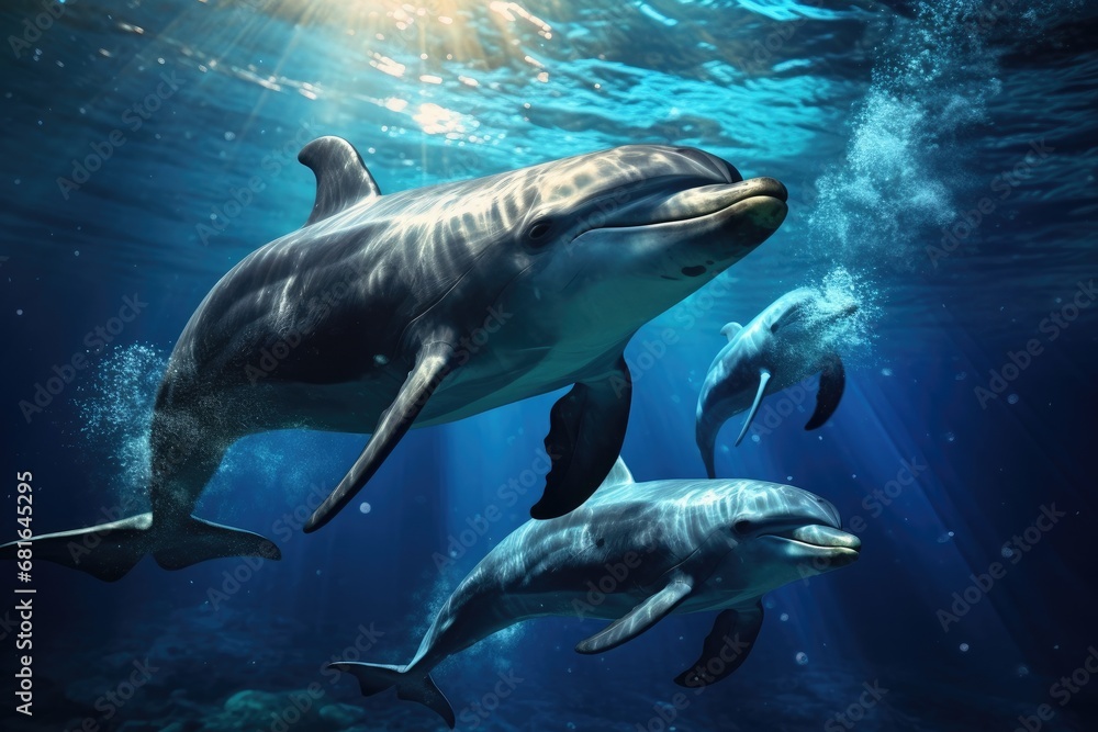 Obraz premium Dolphins swimming in the deep blue sea. 3d rendering, dolphins swimming in the water, AI Generated