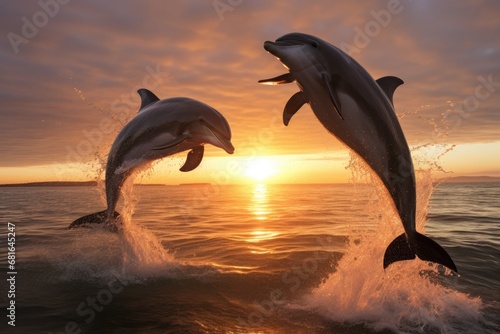 Dolphins jumping out of the water at sunset. 3d render  Playful dolphins jumping over breaking waves  AI Generated