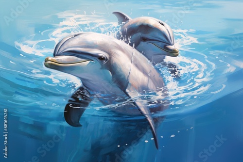 Dolphins swimming in the water. 3d rendering, 3d illustration, dolphins swimming in the water, AI Generated photo