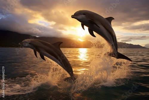 Dolphins jumping out of the water at sunset, South Island, New Zealand, Playful dolphins jumping over breaking waves, AI Generated © Ifti Digital