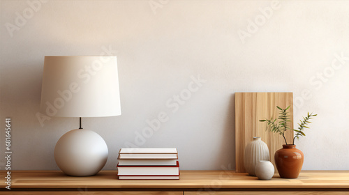 A mock up showcasing a modern white lamp with golden accents, a linen lampshade, some tomes, and a plain wood sideboard against an off-white wall. photo