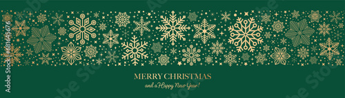 Christmas card with snowflake border. Seamless snowflake border. Christmas design for greeting card. Merry xmas snow flake header or banner.
