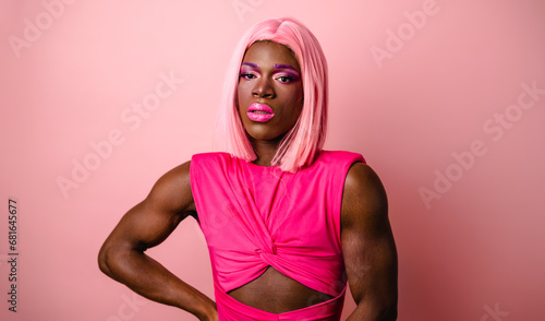 Konstfotografi Muscular black transgender model wearing pink dress