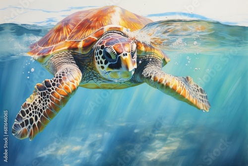 Hawksbill Sea Turtle swimming underwater in the ocean, 3d illustration, Green sea turtle from the island of Cyprus, AI Generated photo