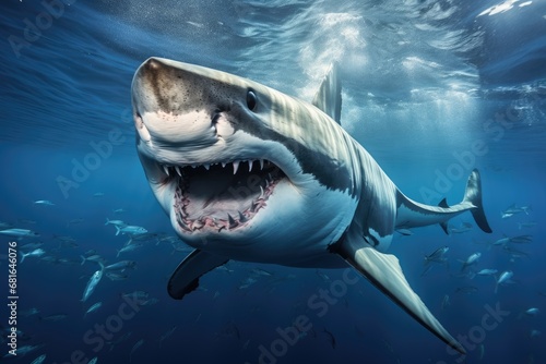 Great White Shark Carcharodon carcharias in the blue ocean, Great white shark underwater view, Guadalupe island, AI Generated © Ifti Digital