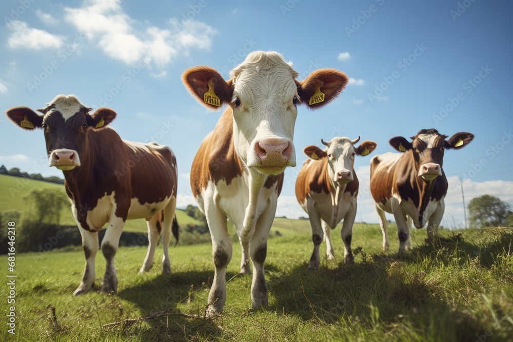 Herd of cows on a green meadow in sunny summer day, Group of cows standing in a grassy field, AI Generated