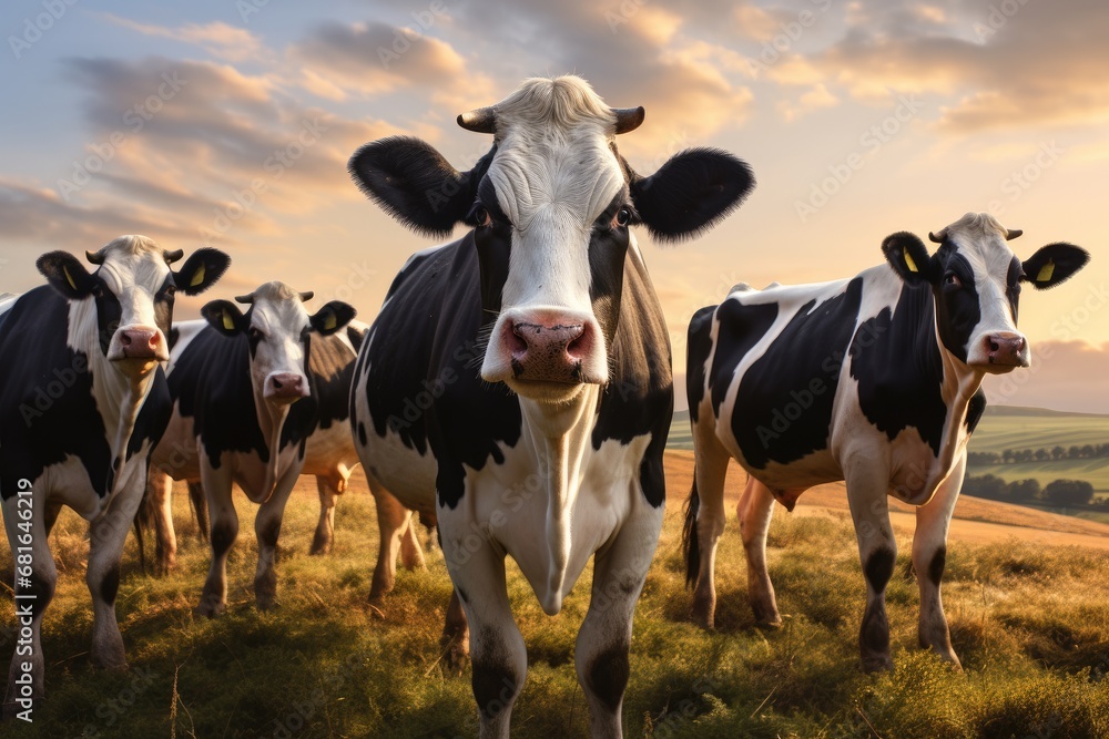 Cows grazing in a field in the countryside at sunset in summer, Group of cows standing in a grassy field, AI Generated Cows grazing in a field in the countryside at sunset in summer, Group of cows standing in a grassy field, AI Generated