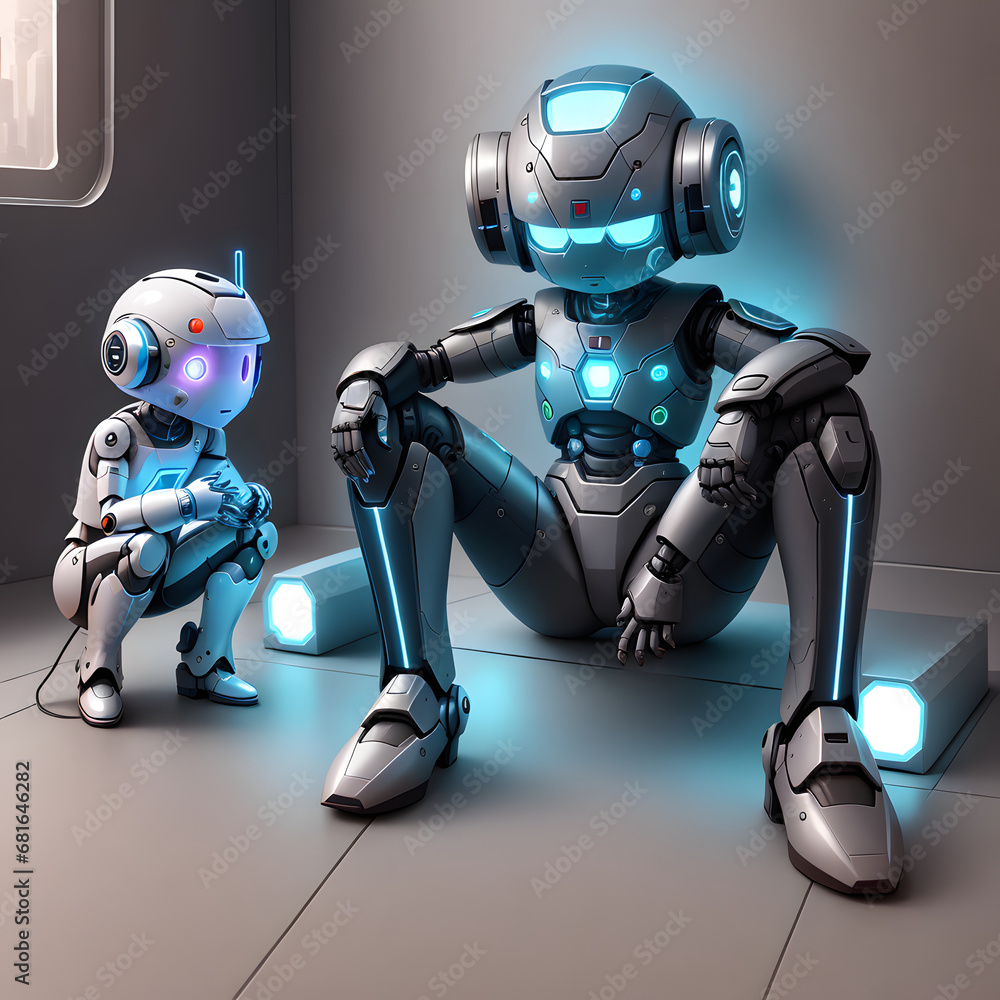 Robot and human robot in dark room. 3D rendering. Robot and human robot in dark room. 3D rendering.
