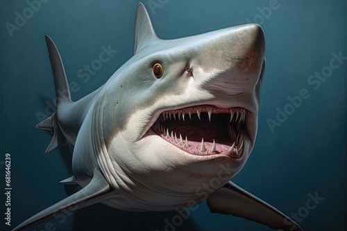 Great white shark on dark background. Close-up. Studio shot, Hamerhead shark portrait, AI Generated photo