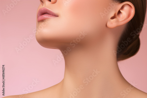 A gorgeous caucasian woman, with a perfect complexion, is showcased with her neck and collarbones isolated on a pink studio background