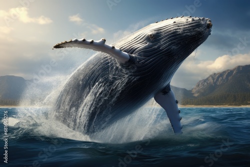 Humpback whale in the sea. 3d render illustration, Happy whale breaching, AI Generated © Ifti Digital