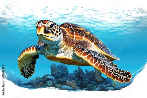 Turtle in the sea, 3d render illustration with clipping path, Hawksbill sea turtle, AI Generated