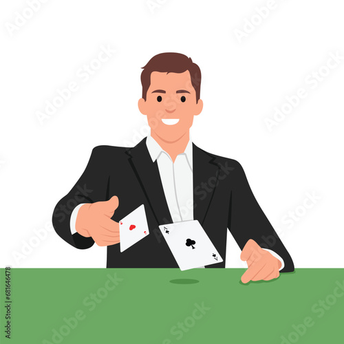 Young man playing poker. Male gamer engaged in gambling enjoy card game at table. Flat vector illustration isolated on white background