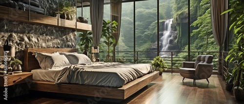 A bedroom overlooking a forest with waterfalls © tongpatong