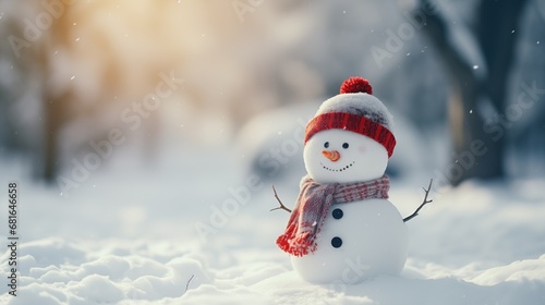 Merry Christmas and happy new year concept, Happy snowman standing in Christmas winter background, Copy space, generative ai © OP38Studio